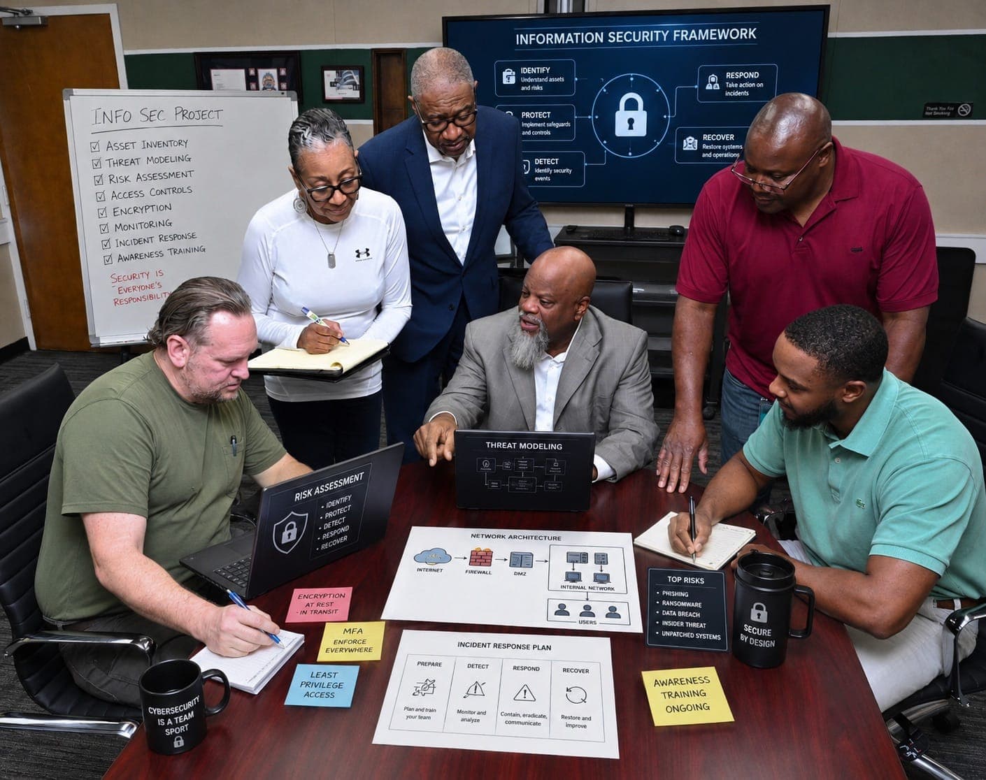 Dove Direct in-house data and software team reviewing an information security framework together