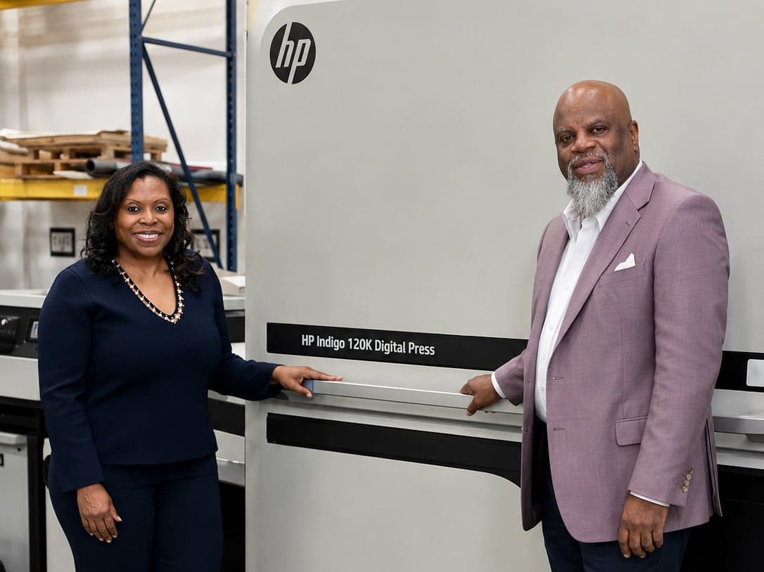 Allan and Renee Newton at Dove Direct's HP Indigo 120K digital press